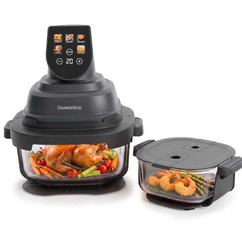 Image of Domestica Aerion Air Fryer | Pure Glass Visible Cooking | 4L + 1.5L Dual Bowl | 5 in 1 Airfry, Bake, Recrisp, Keep Warm | Dishwasher Safe | Soft Touch Button Controls | 1500W | 1 Yr Warranty