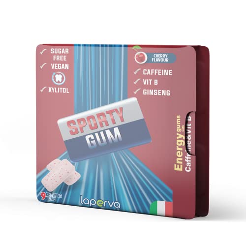 Laperva Sporty Gum, Cherry - Energizing Vegan Gum with 15mg Caffeine, Ginseng & Vitamin B5 -Increase Focus, Energy Boost, & Alertness - Sugar-Free, Non-GMO (1 Piece)