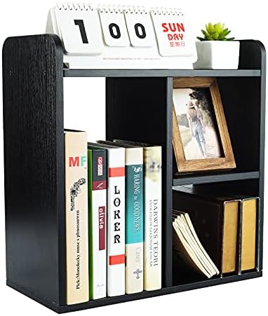 PAG Desktop Shelf Freestanding Wood Small Bookshelf Desk Supplies Organizers and Accessories Storage Display Rack Office Decor for Women, Black