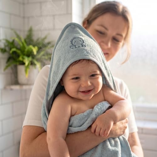 Image of Hooded Baby Towels for Boys (0-1.5 Years) | 70x70 cm | Soft Terry Cotton Wrap | Blue Hooded Towels for Newborn & Infant Bath, Pool, Beach Gift