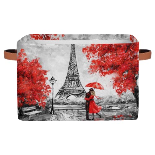 paris storage box - Oil Painting Vintage Paris Collapsible Storage Basket Bins Canvas Fabric Storage Bin Toys Storage Box Laundry Organizer with PU Leather Handles for Closet Shelf Nursery Bedroom 15x11x9.5 In