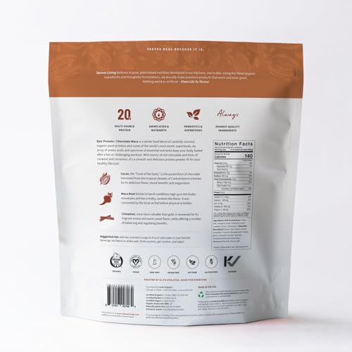 Image of Sprout Living Epic Protein, Plant Based Protein & Superfoods Powder, Chocolate Maca Powder | 20 Grams Organic Protein Powder, Vegan, Non Dairy, Non-GMO, Gluten Free, Low Sugar (5 Pound, 60 Servings)