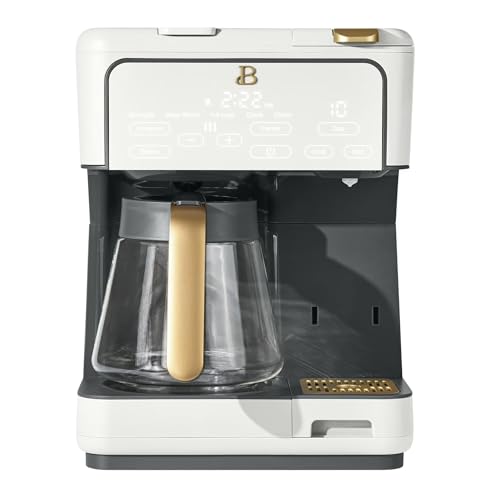 Beautiful Multi-Brew Drip Coffee Maker & Single Serve Machine, Glass Carafe, Keep Warm, Travel Mug Friendly, 3 brew settings, Touch-activated home and kitchen by Drew Barrymore (White-Icing)