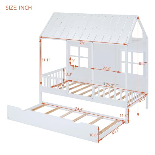 Image of House Bed with Trundle, Twin House Bed for Kids, Wooden Platform Bed Frame with Headboard and Roof, for Girls Boys (Twin Size, White)