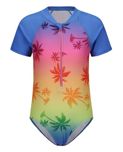 Image of Girls One Piece Swimsuits Short Sleeve Rash Guard for Girl Hawaiian Bathing Suit with Sun Protection Beachwear