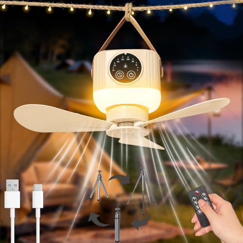 HuaMuDM Lámpara Ventilador Techo con Luz LED,Ventilador de Techo Portátil Camping,USB,4 Velocidades,Mando a Distancia,Temporizador,Acampada,Tienda (Color crema)