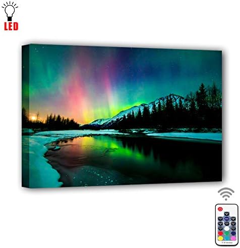 Coming My House Canvas Wall Painting Art Led with Remote Control,RGB Led Lakeside Aurora Picture Canvas Wall Art for Living Room,7 Colors Change,Battery Operated-15.75" x 11.8"