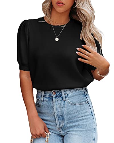 Image of Womens Puff Short Sleeve Sweater Tops Crewneck Basic Knit Pullover Lightweight Casual Sweaters