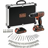 BLACK+DECKER Perceuse visseuse sans fil 18V, compacte et légère, comprenant 2 batteries de 1,5Ah, un chargeur rapide et 80 accessoires dans une mallette de rangement, BDCDC18BAFC QW