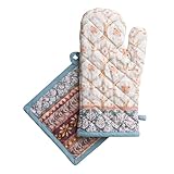 Picture of Maison d' Hermine 100% Cotton Oven Mitt & Pot Holder Set (7.5"x13" & 8"x8") Heat Resistant BBQ Cooking Gloves with Loop for Thanksgiving Christmas Decorations Handling Hot Pans (Fair Isle)