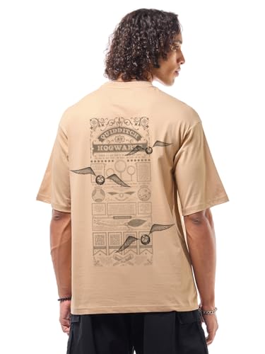 Image of Bewakoof Official Harry Potter Merchandise Men's 100% Cotton 220 GSM Graphic Print Oversized Fit Round Neck T-Shirt
