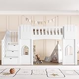 NNJN 90 x 200 cm Hochbett mit Stauraumtreppe und Fenster, Weiß