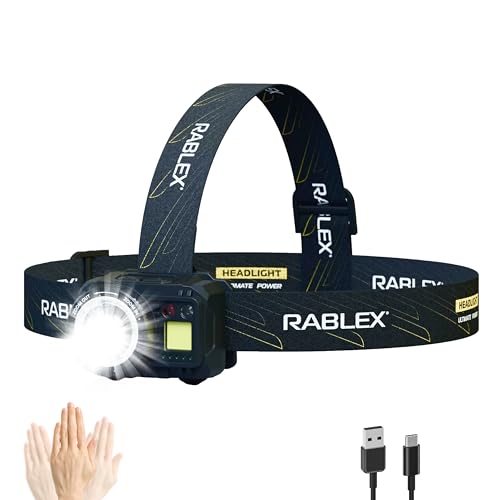 RABLEX RB658 LED Headlamp, 550 Lumens Rechargeable LED Head Torch with 7 Light Modes, Red Light & Sensor USB Charging, IPX6 Waterproof, Lightweight