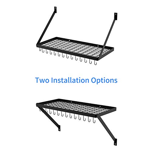 Hoooh Square Grid Wall Mount Pot Rack Storage Shelf With 10 Hooks, Kitchen Cookware Hanging Organizer, Black, Kpr300A-Bk #TOP4