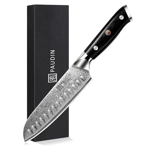 PAUDIN Santokumesser Damastmesser 17 cm, Ultra Scharfes Kochmesser aus 67 Lagen Damaststahl mit japanischem VG10- Kern, Profi Küchenmesser mit ergonomischem G10-Griff PAUDIN Santokumesser Damastmesser 17 cm, Ultra Scharfes Kochmesser aus 67 Lagen Damaststahl mit japanischem VG10- Kern, Profi Küchenmesser mit ergonomischem G10-Griff