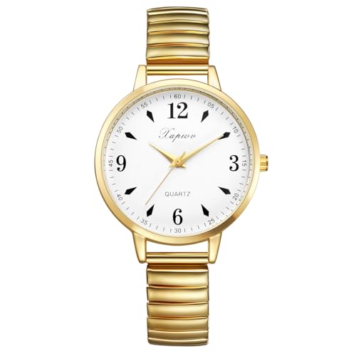 JewelryWe Relojes Correa Elástica Mujer: Reloj de Pulsera de Cuarzo Analógico Redondo para Señora Esfera Grande Correa de Acero Inoxidable Extensible Oro - para Ocio Negocios Regalos