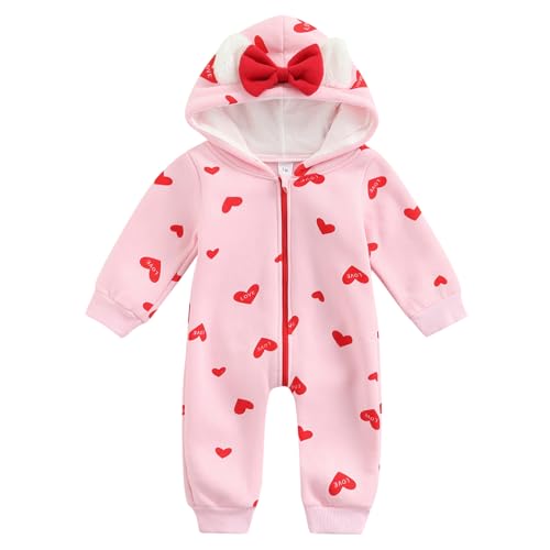 Image of Newborn Baby Girl Hooded Jumpsuit Heart Cow Zip Up Long Sleeve Infant One Piece Romper Snowsuit Valentines Day Outfit