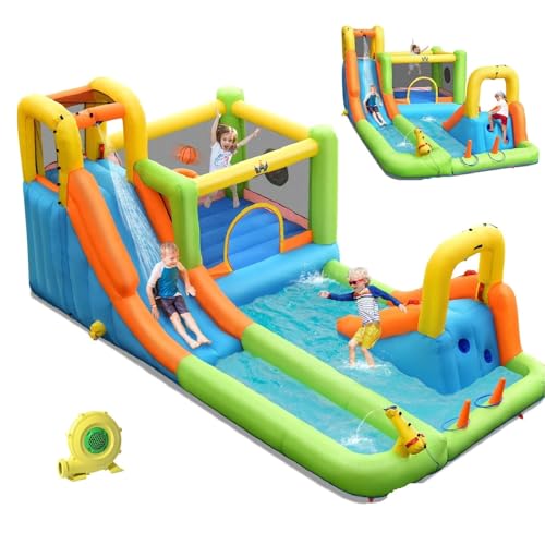 BOUNTECH Inflatable Water Slide, 8 in 1 Mega Waterslide Park Bounce House for Outdoor Fun w/735W Blower, Long Slide, Splash Pool, Water Slides Inflatables for Kids and Adults Backyard Party Gifts