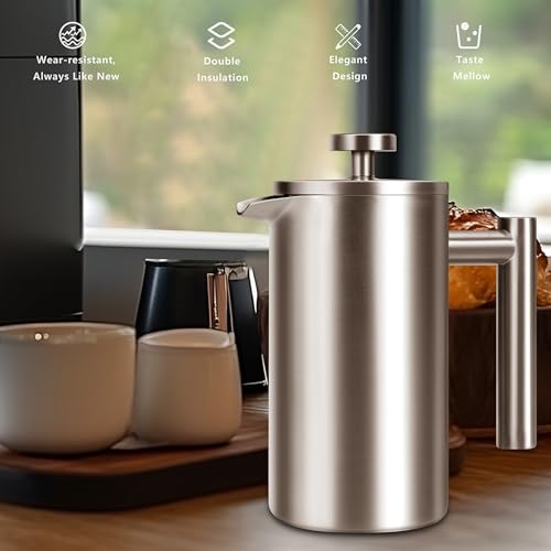 SZHETEFU French Press 34 OZ, Durable Stainless Steel French Press Coffee Maker, Double-Wall Insulated Coffee Presses for Travel Camping Tea, Easy to Use, Dishwasher Safe (Silver Matte) by SZHETEFU - Image 3