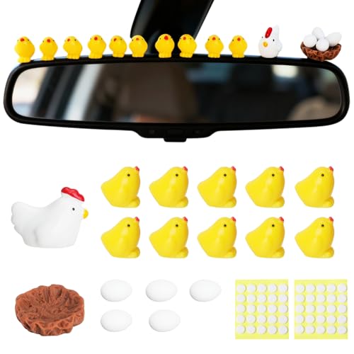 TMZELOA 17 Piezas Decoración Coche Mini Pollitos, Figuras de Resina con Gallina Huevos y Nido, Accesorios Interior para Salpicadero Retrovisor Consola Central, Idea Regalo