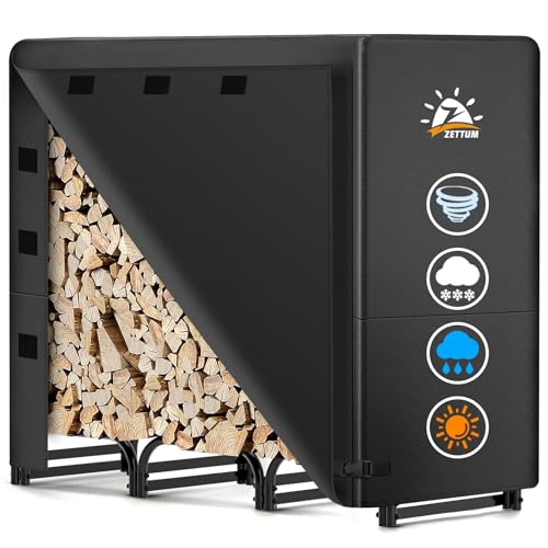 Zettum Metalowy Zewnętrzny Regał na Drewno Kominkowe, 121 x 35 x 121 cm, stojak na drewno opałowe z powłoką poliuretanową 600D, wodoodporny schowek na drewno opałowe, osłona kominkowa do ogrodu