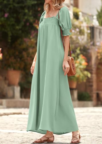 KIRUNDO Women 2026 Summer Maxi Dress Casual Loose Puff Sleeve Square Neck Maternity Flowy Long Beach Dresses with Pockets(Sage Green, XX-Large) — view 6