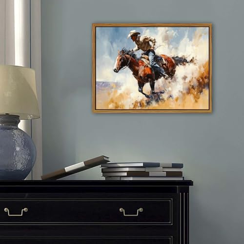Image of Western Cowboy Wall Art for Living Room Cowboy Riding Horse Canvas Prints Vintage Western Rodeo Wall Decor Horse Rider Picture Rustic Farmhouse Framed Artwork for Bedroom Office Home Decoration 12x16