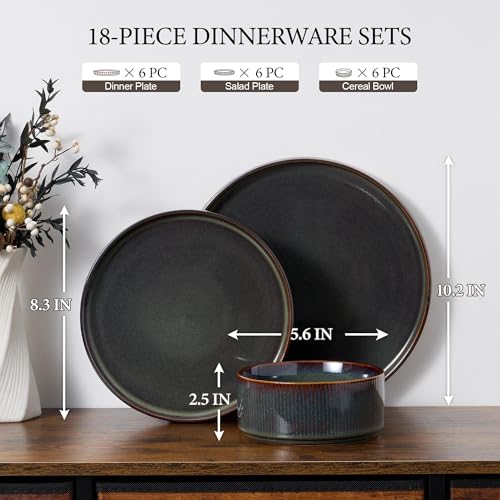 Image of E-far Stoneware Dinnerware Sets, 18-Pieces Modern Plates and Bowls Sets, Kitchen Dinning Porcelain Dishes Set for 6, Chip & Scratch Resistant, Dishwasher & Microwave Safe, Blackish Green