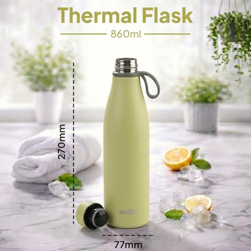 Image of CELLO Duro Oxy Stainless Steel Flask 900 ml Lemon Green | Easy to Pour & Fill, Spill Proof Leakproof Vacuum Insulated Hot and Cold Thermos Water Bottle for School College Office Gym Biking & Travel
