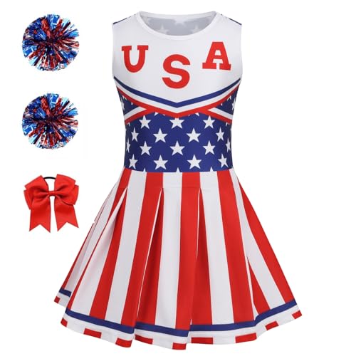 HAPNBCELE Cheerleader Costume for Girls 4th of July Cheerleading Outfit American Flag Cheer Dress Uniform with Hair Tie and 2 Pom Poms Halloween Christmas School Party (Stripe Red, 13-14 Years)