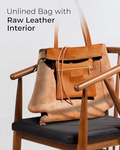 Image of Genuine Italian Leather Tote Bag for Women, Large Slouchy Purse, Orange | Unstructured bag, raw unlined interior with zip pocket, top zipper, side ties, folds flat, fits a 16-inch laptop, lightweight