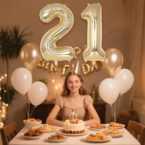 Image of Champagne Gold Large Number 21 Balloon, 40 Inch Light Gold Foil Helium Number Balloons, Giant Mylar Number 21 Balloons for 21 Years Old Birthday Party Anniversary Decorations (Champagne Gold 21)
