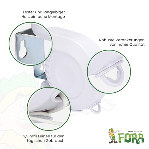 FORA Wäscheleine Mit Ausziehbarem Seil 12m – 180° Schwenkbar, Traglast 15 Kg, ABS+PVC-Gehäuse, Wandmontage, 16.5×16×6 cm, Weiß