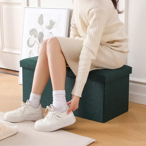 Image of Storage Ottoman Bench Foldable Footrest Foot Stool, 30 inch Fabric Green | Small Ottoman Foot Rest Seat Shoe Bench Flip-Top forliving Room End of Bed Bedroom Couch Dorm, 80L Folding Upholstered Chair