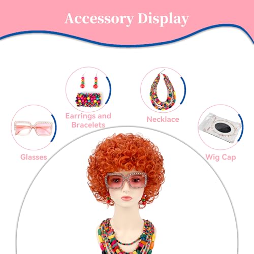 Image of Women Roper Curly Orange Red Cosplay Wig with Necklace Earrings and Sunglasses for Women Hallween Costume Wig