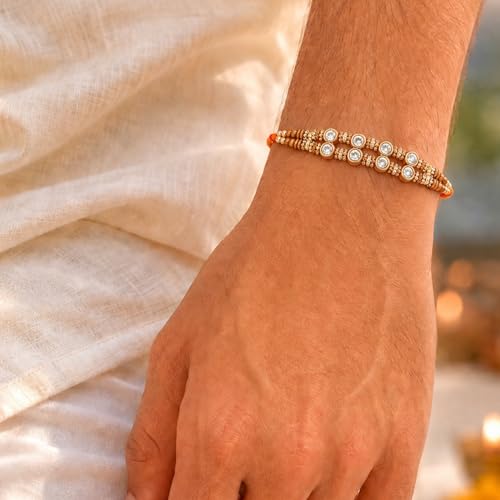 Image of Peora Rakhshabandhan Thread Rakhi for Brother Bhaiya | Crystals & Kundan Studded | Combo, Set of 3 | Rakhi Hamper with Roli Chawal & Greeting Card