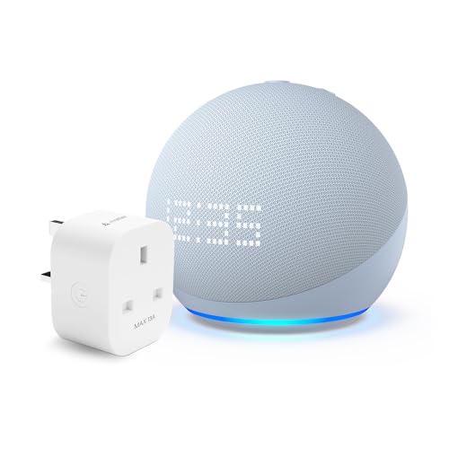 Echo Dot with clock (5th generation, 2022 release) | Cloud Blue + Meross Matter Smart Plug, Works with Alexa - Smart Home Starter Kit