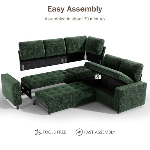 Image of Vipbear 85 Inch Modular Sectional Sofa with Pull Out Bed, Chenille L Shaped 5 Seat Sectional Sofa with USB Ports /Reclining Backrest /Storage Seats, Tool-Free Assembly, Couches for Living Room Green