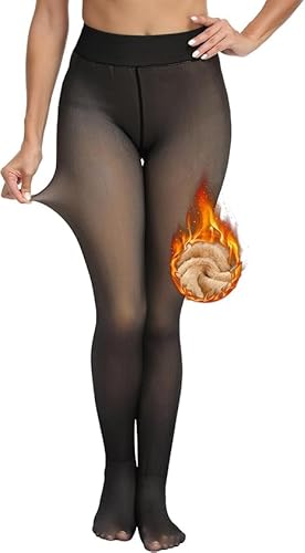 MADGININE Fleece Lined Tights Women Warm Thick Sheer Black Tights Crotch One Center Seam Line Crotch Translucent Pantyhose Skin Colored Tights Thick High Waist Leggings for Winter Autumn 200g L XL
