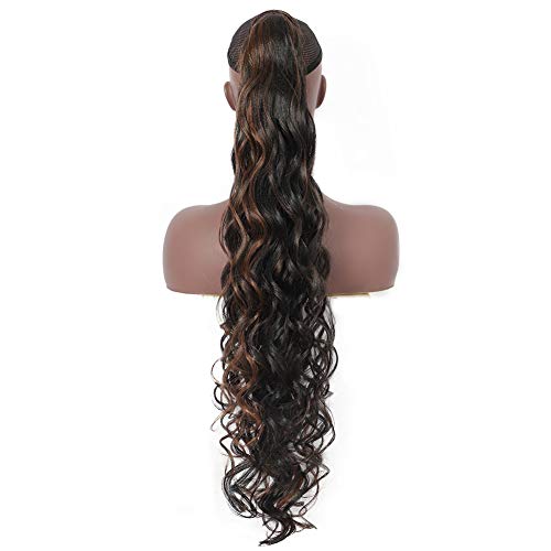 Lexqui 32 Inch Long Hair Extensions for Women Curly Ponytail Extension Japan-made Synthetic Heat Resistant Wavy Wrap Around Ponytail Hairpiece (Body Wave 31inch, Black Brown Highlights)