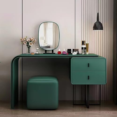 Escritorio de maquillaje con espejo y luces, tocador con iluminación de 3 colores con 2 cajones y taburete acolchado, ideal para dormitorios de mujeres y niñas. Elegante juego de tocador