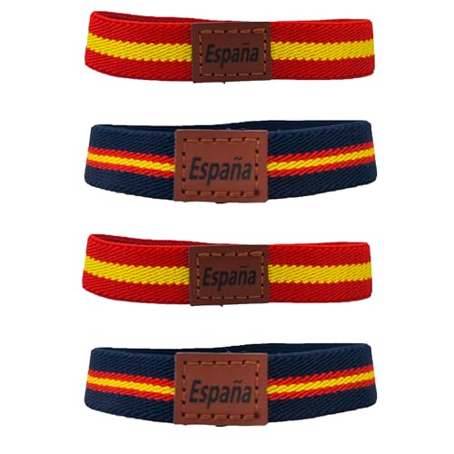 PROUTHS Pulsera España, Bandera de España para hombre, PACK 4Unds, Tela Elástica para Hombre y Mujer, Pulsera Elástica con Trozo de Cuero