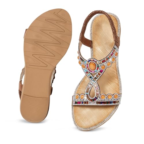 Image of iCKER Womens Rhinestone Strappy Flat Sandals Elastic Ankle Strap Open‑Toe | Sparkling,for wedding,party,evening dates,special occasion,Vacation,Formal
