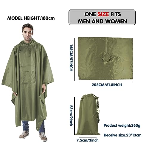 Accevo Regenjacke Regenponcho Grün, Regencape mit Kapuze 3 in 1 Multifunktional Atmungsaktiv Regenjacke Herren & Damen, Regenmantel Wasserdichter für Regenponcho festival, Camping, Wandern, Picknick.