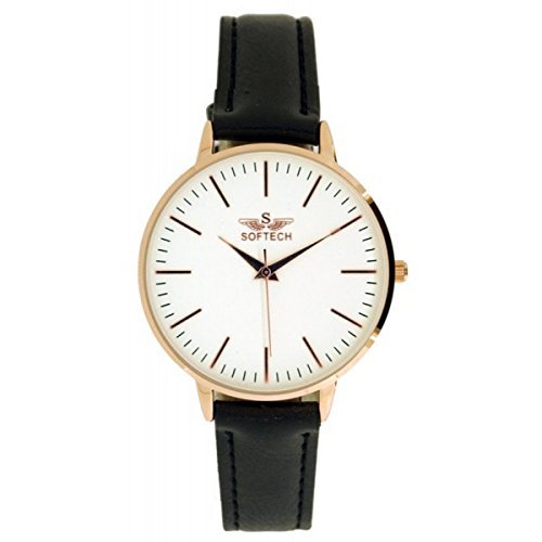 SoftechLadies Rose Gold Slim Face Black PU Leather Strap Analog Wrist Watch Quartz Extra Battery