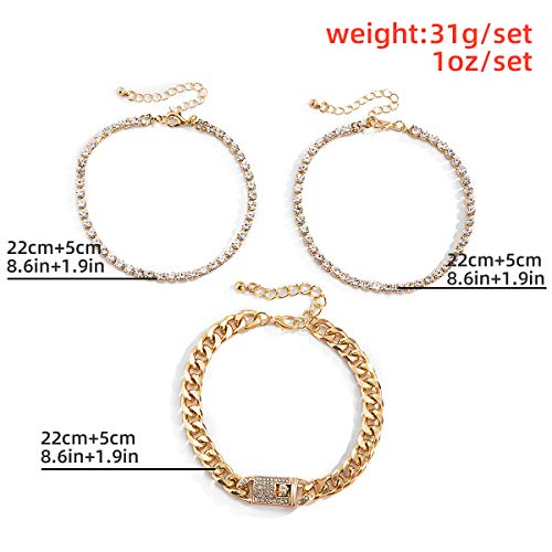 Impurain Bling Tennis Anklet Bracelet For Women Layered Link Chain Anklet Beach Shiny Rhinestone Ankle Jewelry (3-Layer Gold) #TOP4