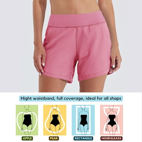 Willit Women's 5" Swim Board Shorts Quick Dry Beach Swimming Shorts UPF 50+ High Waisted Liner Pockets Peach Size 34 - Image 2