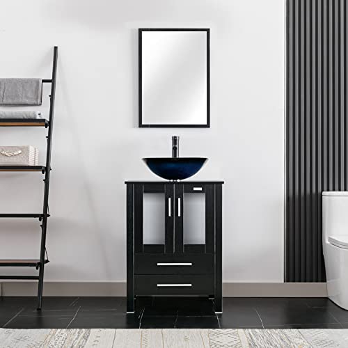 Eclife 24'' Modern Bathroom Vanity And Sink Combo Stand Cabinet And Square Blue Glass Vessel Sink And 1.5 Gpm Bathroom Brass Faucet And Brass Pop Up Drain & Mounting Ring (A04B02) #TOP1