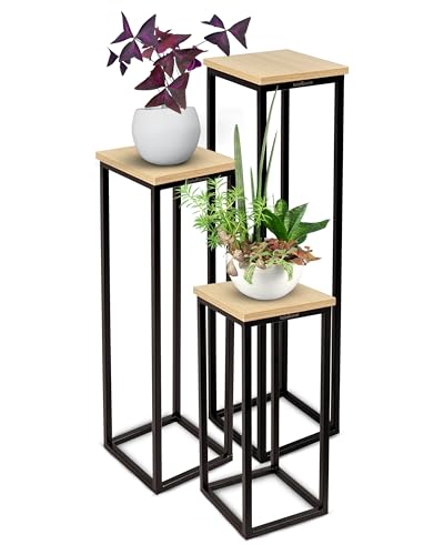 holz4home® Dekoständer aus MDF I Blumenständer MDF Sonoma Eiche I Pflanzentreppe Industrial Style mit Metallgestell I Fertig montiert I Für Wohnzimmer, Küche, Büro, Flur mit Vintage Stil (3-TLG. Set)