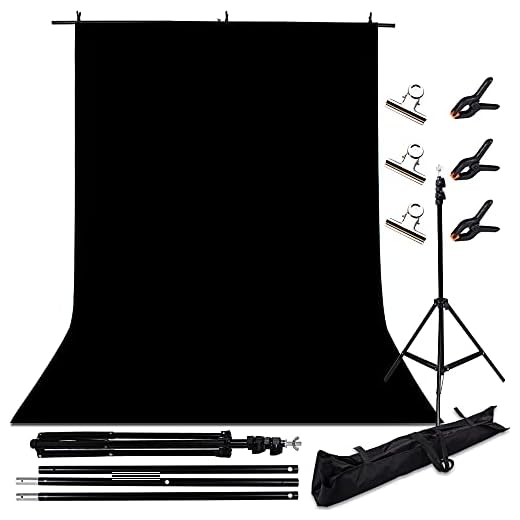 WEMOSI Black Background Backdrop Stand - for Photography 6x10FT Black Photo Backdrop Stand Kit for Photoshoot,Screen Backdrop Stand with 3P Spring Clamps and 3P Silver Clamps for Photo Video Studio